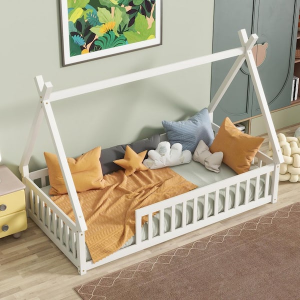 Harper & Bright Designs Tent Style White Wood Frame Twin Size Platform Bed, Teepee Bed with Fence Bedrails, Slats