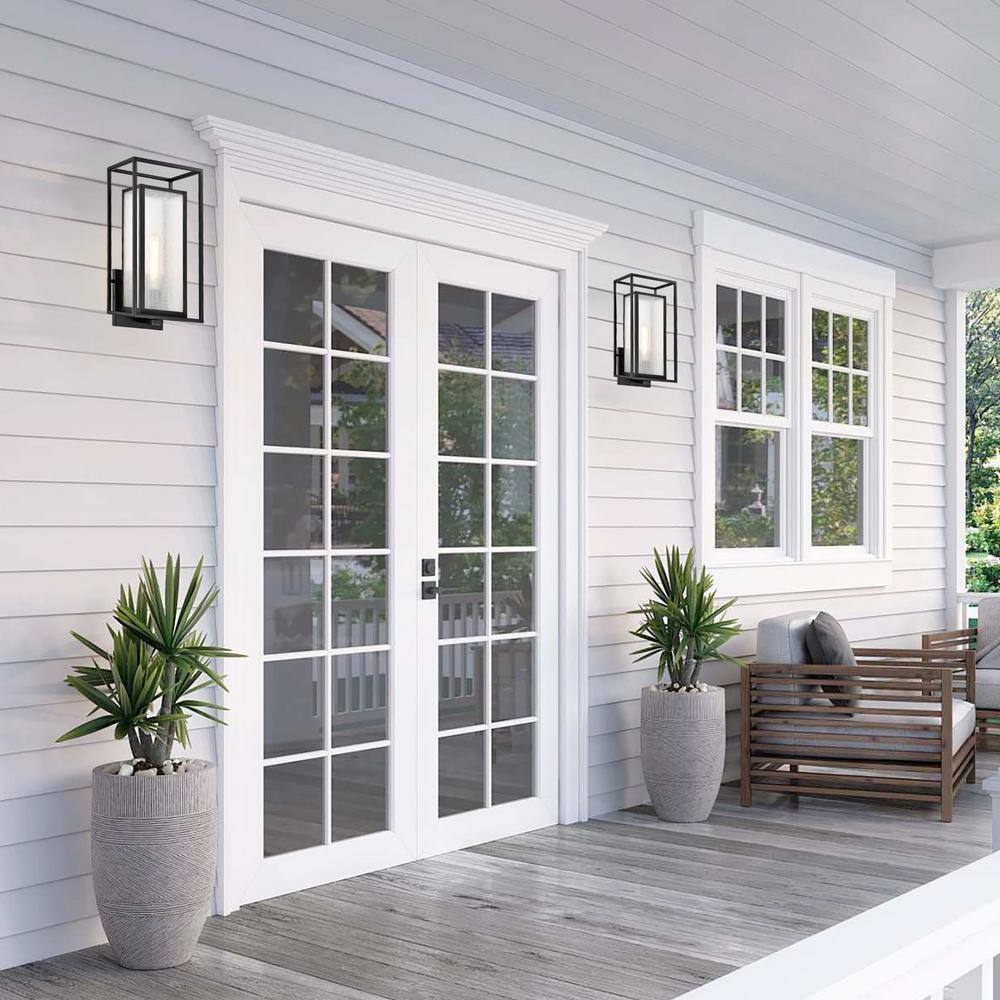 18 in. H 1-Light Matte Black Hardwired Outdoor Wall Light Lantern Porch Sconce with Seedy Glass Shade (2-Pack) price history on PriceWatchPro