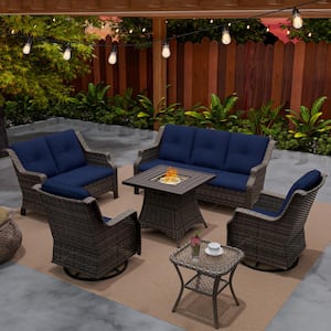 6-Piece Wicker Outdoor Patio Fire Pit Seating Sofa Conversation Set with Swivel Rocking Chairs and Blue Cushions