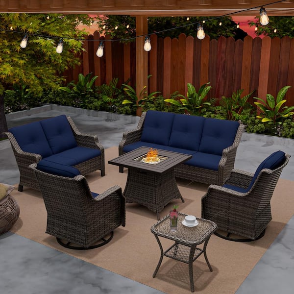 MeetLeisure 6-Piece Wicker Outdoor Patio Fire Pit Seating Sofa Conversation Set with Swivel Rocking Chairs and Blue Cushions