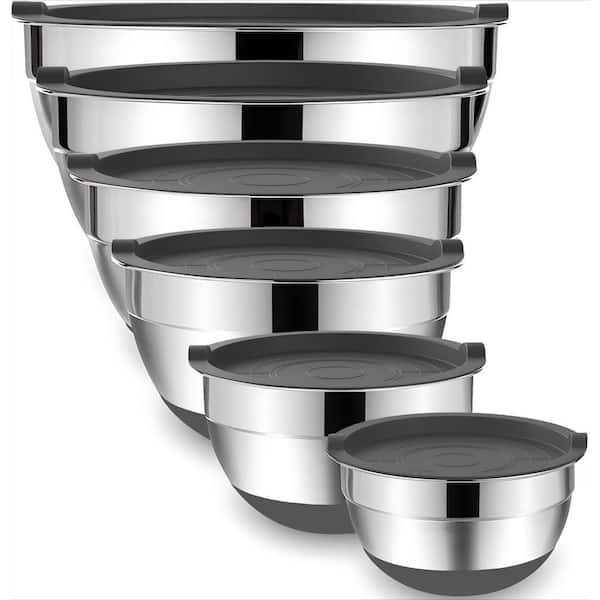 6-Piece Stainless Steel Chef Mixing Bowls with Airtight Lids, Metal Nesting Storage Bowls for Mixing and Serving, Grey