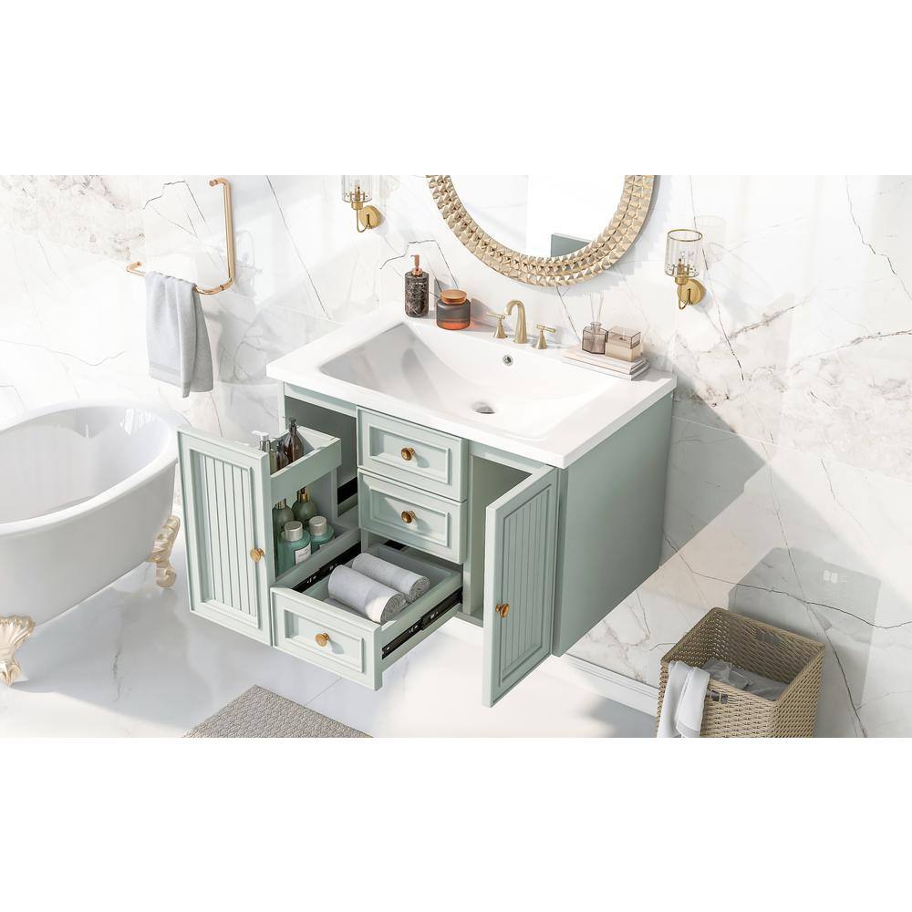 30 in. W x 18 in. D x 19 in. H Single Sink Wall-Mounted Bath Vanity in Gree