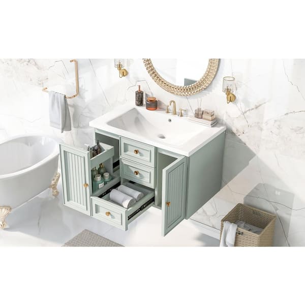 Unbranded 30 in. W x 18 in. D x 19 in. H Single Sink Wall-Mounted Bath Vanity in Green with White Ceramic Top