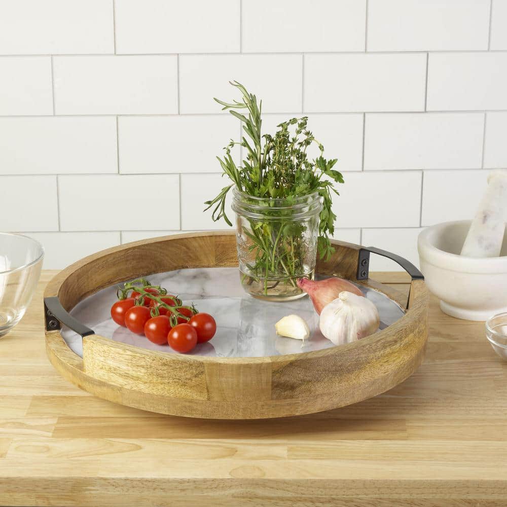 Gray Marble Lazy Susan with Wrought Iron Handles