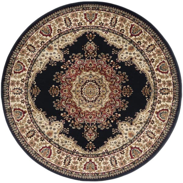 Tayse Rugs Sensation Border Black 8 ft. Round Indoor Area Rug