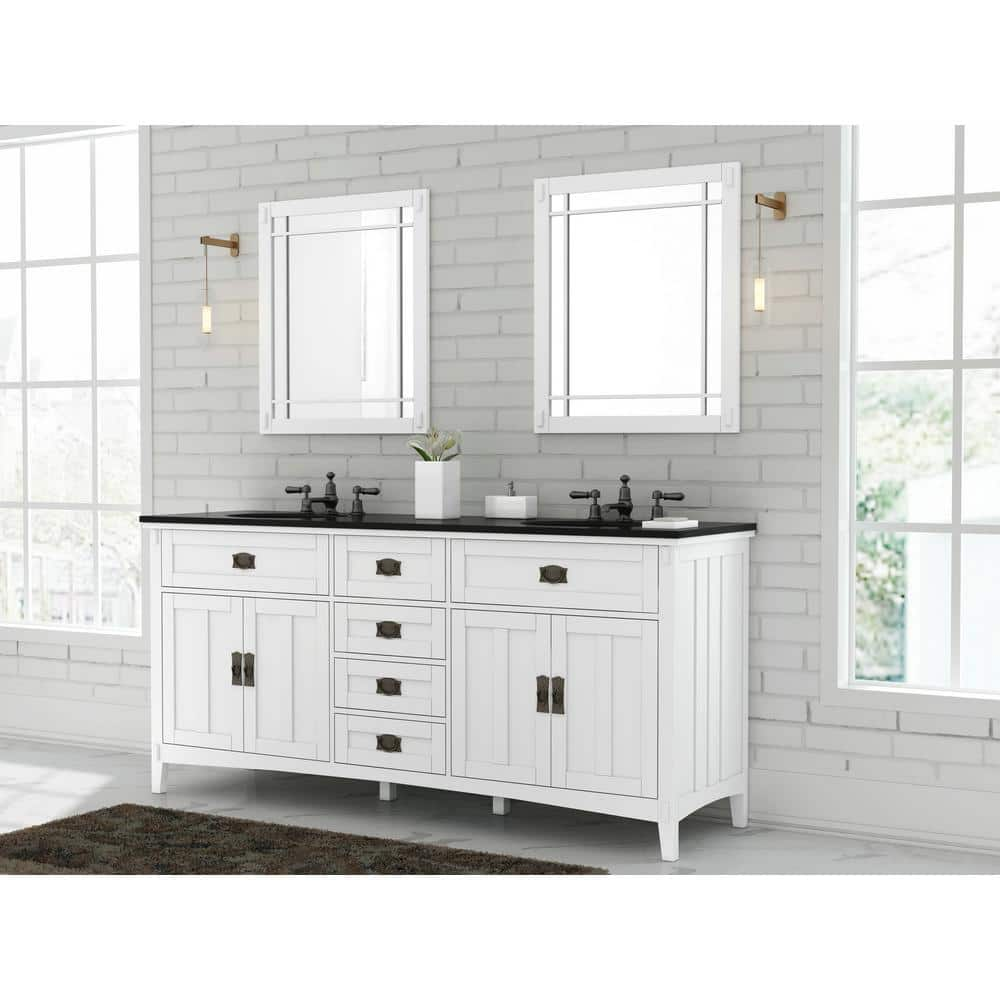 Home Decorators Collection Artisan 72 in. W Vanity in White with Marble Vanity Top in Natural Black with White Sink