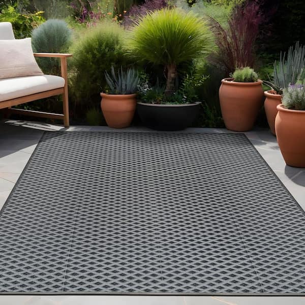 Jewel Gray 9 ft. x 12 ft. Diamond Geometric Washable Trellis Reversible Indoor Outdoor Area Rug