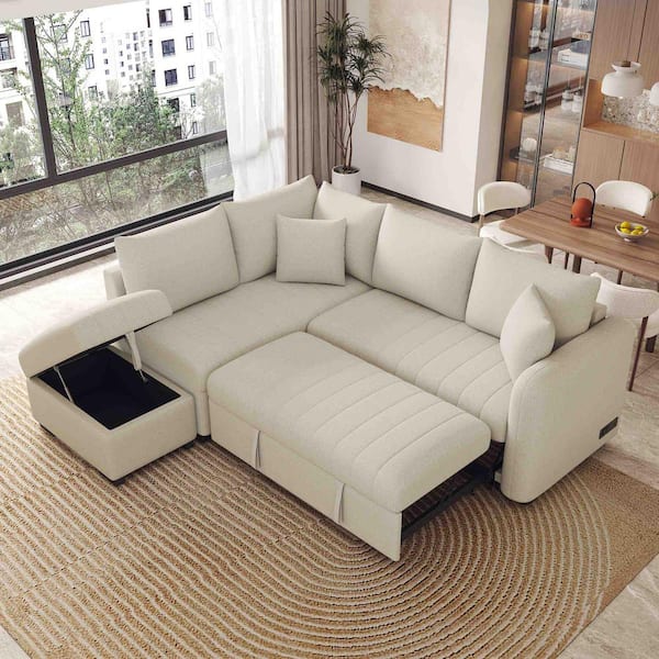 82.6 in. Square Arm Polyester L -Shaped Sofa with 2 USB Ports in Beige