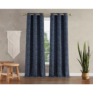 Groovy Textured Navy Polyester Blackout Grommet Tiebacks Curtain - 38 in. W x 84 in. L (2-Panels and 2-Tiebacks)