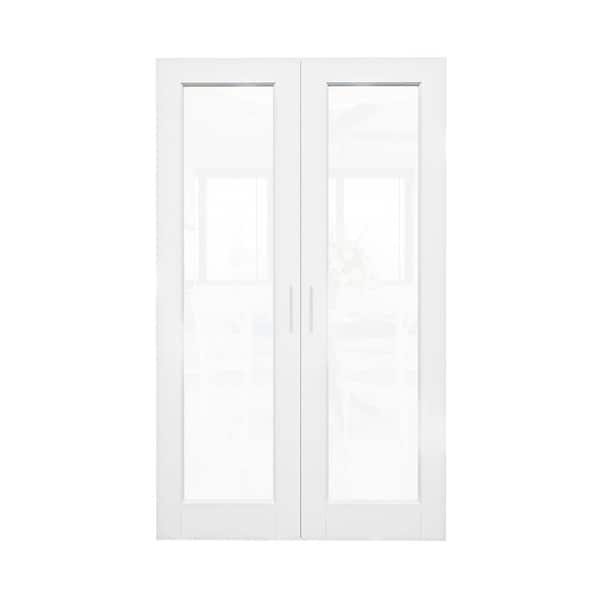 48 in. x 80 in. 1-Lite Clear Glass White Solid Core Wood French Door without Jamb Interior Door Slab with Ball Catch
