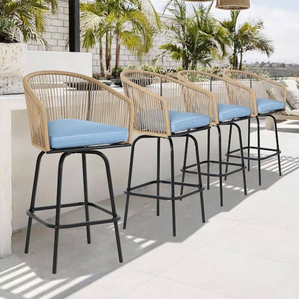 Modern Swivel Metal Woven Wicker Counter Height Outdoor Bar Stools with Blue Cushions Set of 4