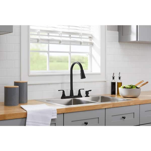 Sadira Double Handle Pulldown Sprayer Kitchen Faucet with Soap Dispenser in Matte Black