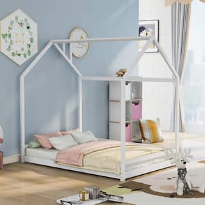 White Full Size Wooden House Bed with Roof