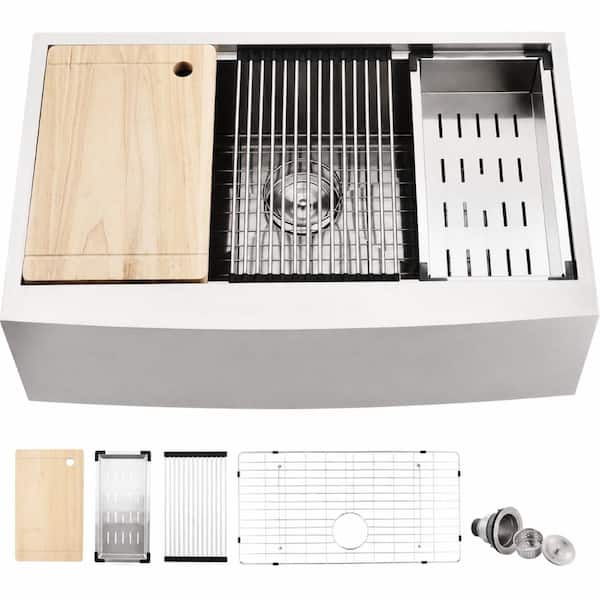 33 in. Apron Front Single Bowl 16 Gauge Stainless Steel Farmhouse Workstation Sink with Sliding Accessories