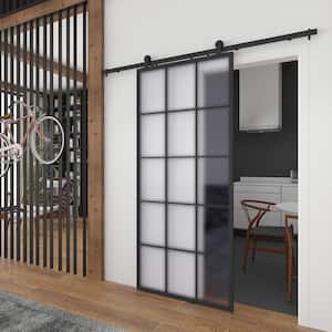 37 in. x 84 in. Full Lite Frosted Glass Queens Black Metal Finished Sliding Barn Door with Hardware Kit