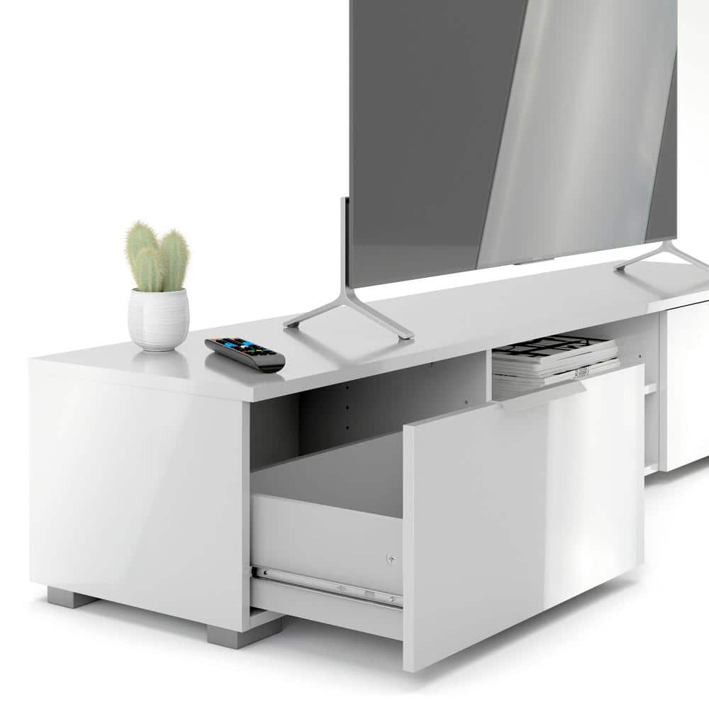 White Gloss Engineered Wood TV Stand with Cabinet and Shelves