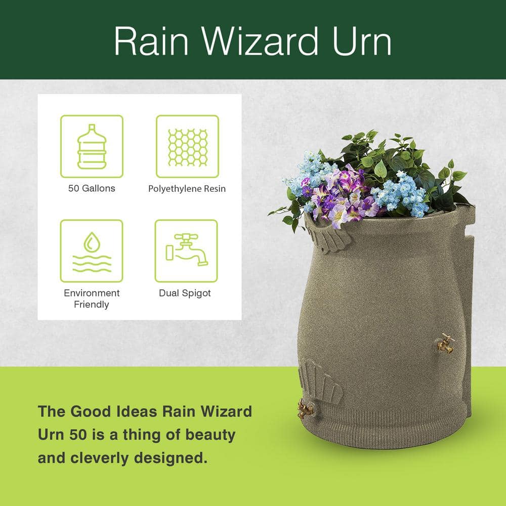Sandstone Polyethylene 50 Gallon Urn Rain Barrel with Planter