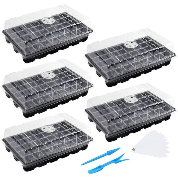 OGETFUUR 5-Pack 14 in. x 9.84 in. x 5.11 in. Outdoor Black Plastic Seed Starter Tray Kit with Humidity Vented Domes and Base