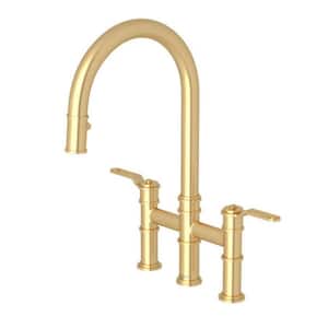 Armstrong Double Handle Bridge Kitchen Faucet in Satin English Gold