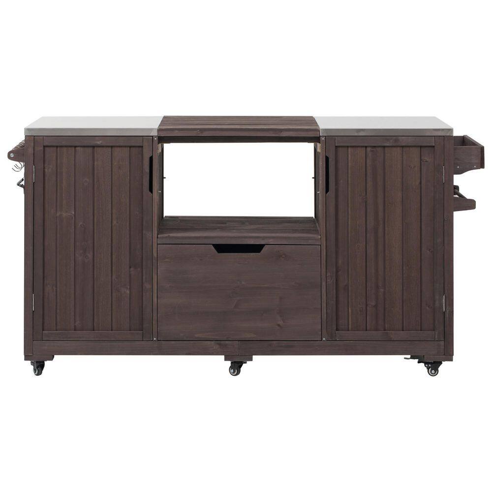 "66.5"" Brown Solid Wood Outdoor Bar, Kitchen Island with Stainless Steel Top, Drawer, Spice Rack, Modular Paper" price history on PriceWatchPro