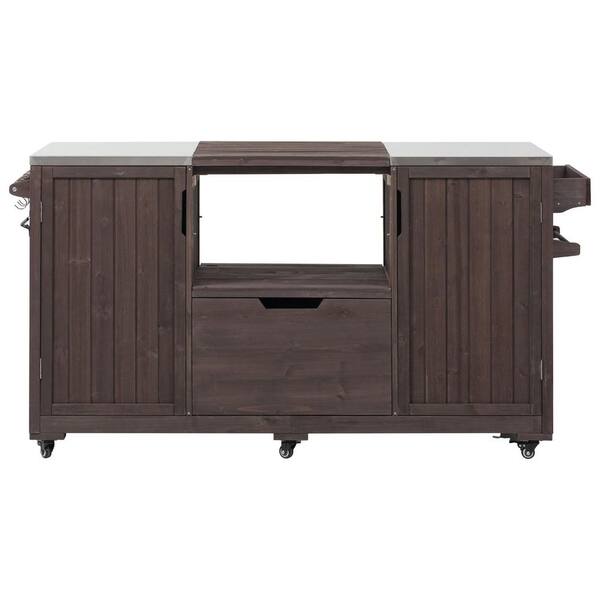 66.5" Brown Solid Wood Outdoor Bar, Kitchen Island with Stainless Steel Top, Drawer, Spice Rack, Modular Paper