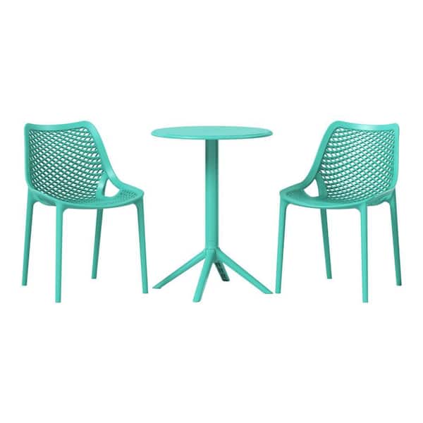 Frond&Form Outdoor Patio Modern HDPE Plastic 3-Piece Indoor/Outdoor Bistro Set w/ Stackable Chairs, Turquoise