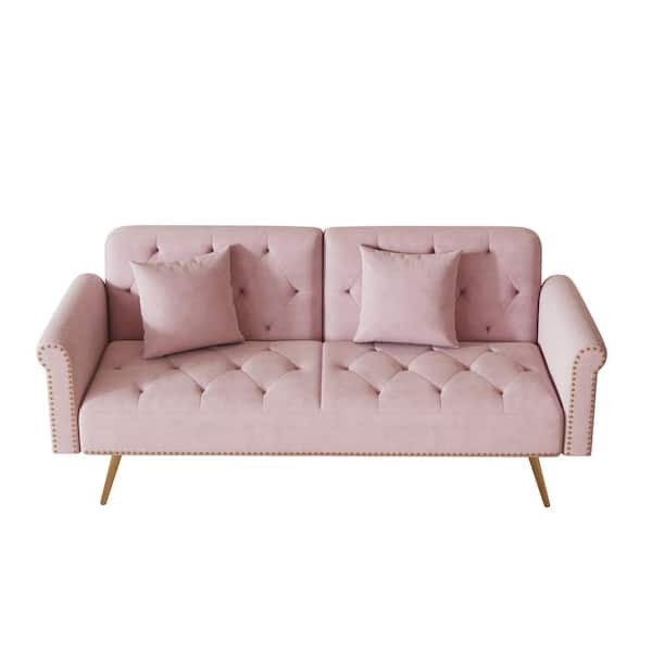 Z-joyee 69.7 in. Pink Velvet Nail Head Modern Twin Size Sofa Bed P ...