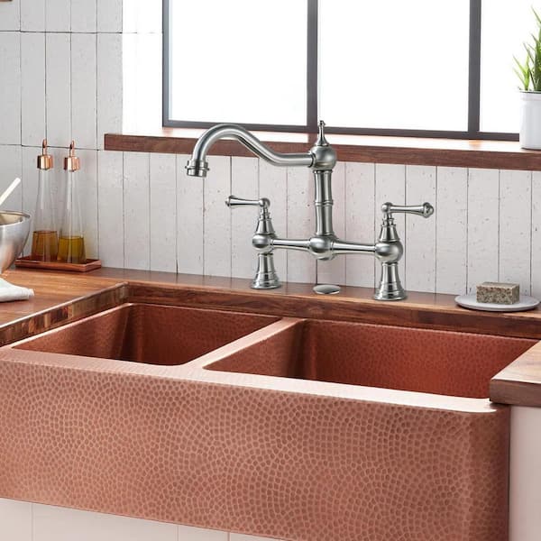 Vintage Double Handle High Arc 2-3 Hole Brass Bridge Kitchen Faucet with Sink Hole Cover in Brushed Nickel