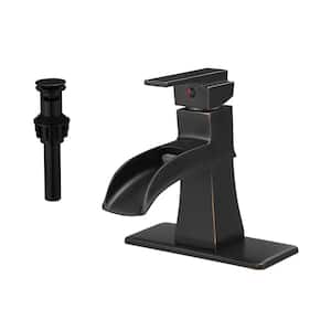Single Handle Single Hole Bathroom Faucet with Deckplate and Drain Kit Brass Waterfall Sink Faucets in Oil Rubbed Bronze