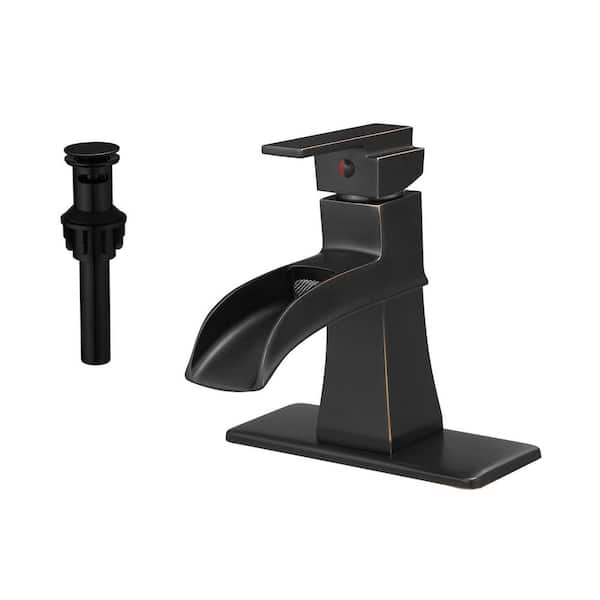 FLG Single Handle Single Hole Bathroom Faucet with Deckplate and Drain Kit Brass Waterfall Sink Faucets in Oil Rubbed Bronze