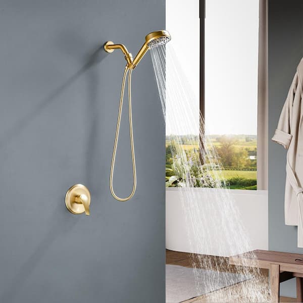 Single Handle 7-Spray Shower Faucet 2.5 GPM with Pressure Balance Valve and ABS Hand Shower in Brushed Gold