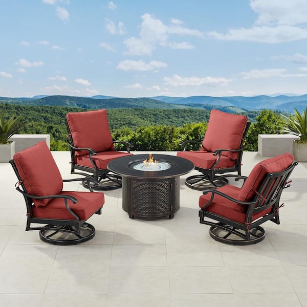 Oakland Living Black 5-Piece Aluminum Patio Fire Table Set with Red Cushions