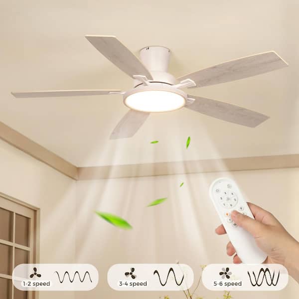 52 in. Smart Indoor White Low Profile Large Flush Mount Ceiling Fan with Bright White Integrated LED for Living Room