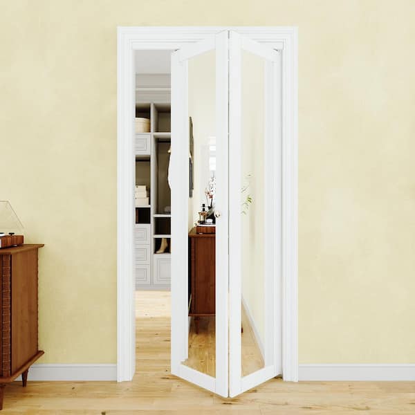 36 in. x 80 in. 1-Lite Mirror and MDF White Solid Core Prefinishied Closet Bifold Door with Hardware Kit