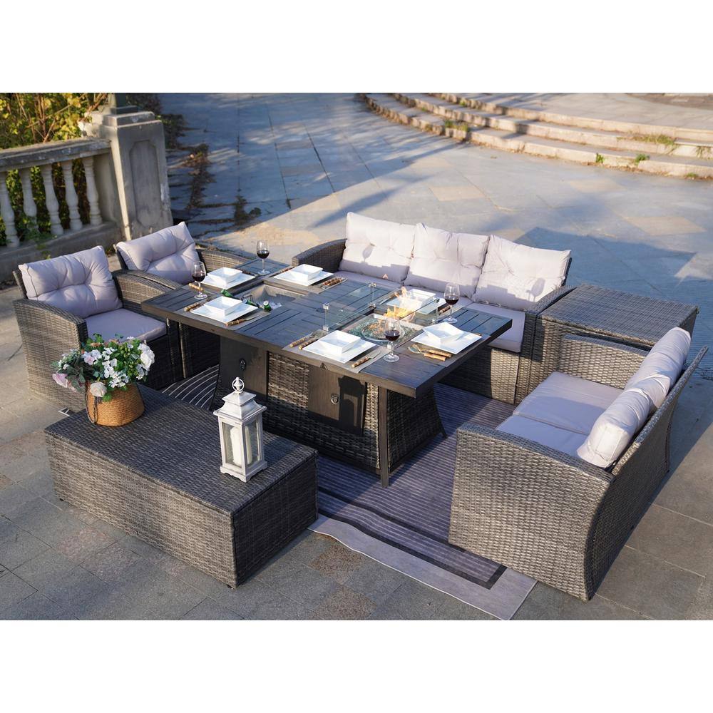 7 -Piece Gray Wicker Outdoor Sectional Conversational Sofa Set With Gas Firepit, Ice Container Table and Beige Cushions -  Afoxsos, HDDB028