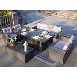 7 -Piece Gray Wicker Outdoor Sectional Conversational Sofa Set With Gas Firepit, Ice Container Table and Beige Cushions