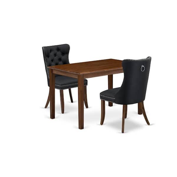 East West Furniture 3-Piece Antique Walnut Finish Rectangular Solid Wood Top Dining Table Set