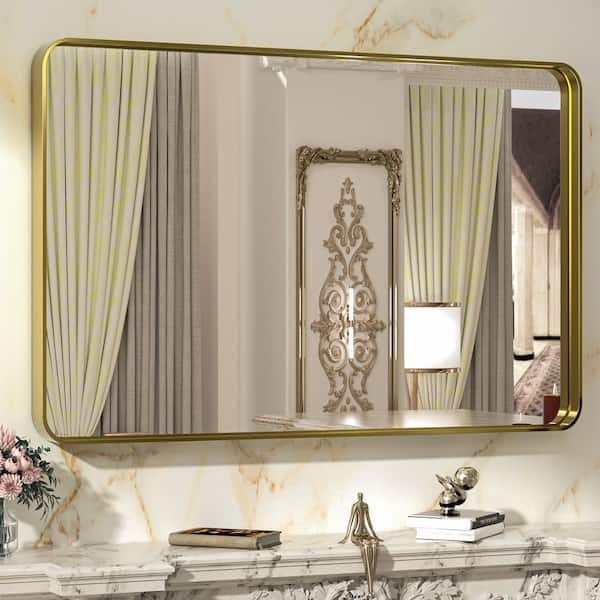 TETOTE 40 in. W x 30 in. H Rectangular Aluminum Framed Wall Mount Bathroom Vanity Mirror in Gold