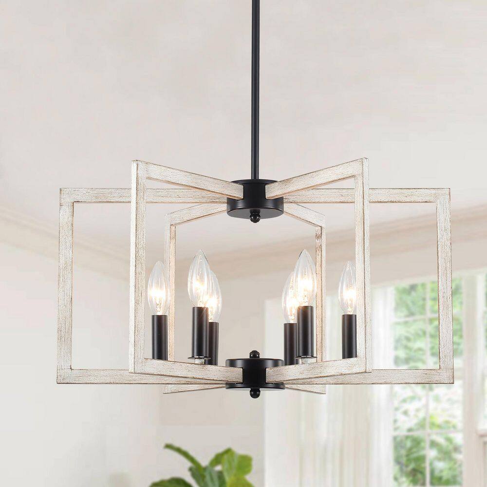 21.26 in. 6-Light Farmhouse BlackDistressed White Candle-Style Geometric Square / Rectangle Chandelier for Foyer price history on PriceWatchPro