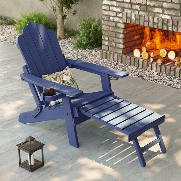 Navy Blue Folding Adirondack Chair with Retractable Ottoman, Weather Resistant Fire Pit Patio Chair with Cup Holder