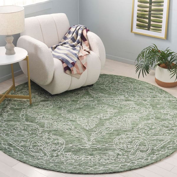 Metro 6 ft. x 6 ft. Round Green/Ivory Medallion Distressed Area Rug