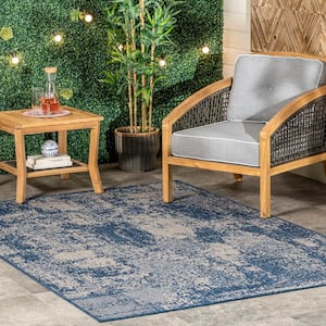 Maeve Mottled Blue 6 ft. 7 in. x 9 ft. Abstract Indoor/Outdoor Patio Area Rug