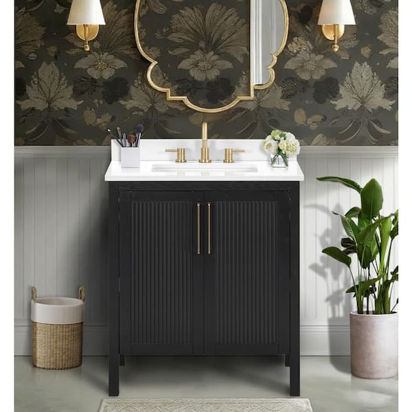 Luka 31 in. Single Sink Black Oak Bath Vanity with White Engineered Stone Top
