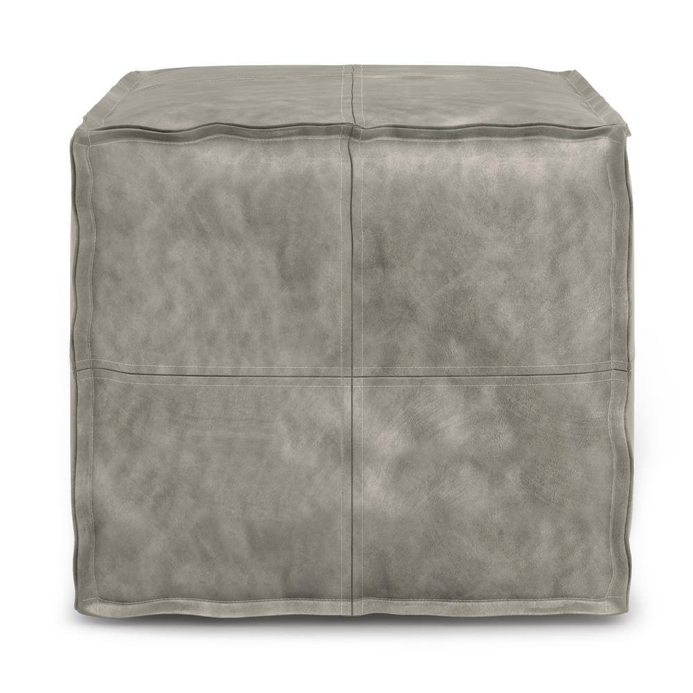 Brody Distressed Grey Faux Leather Square Pouf