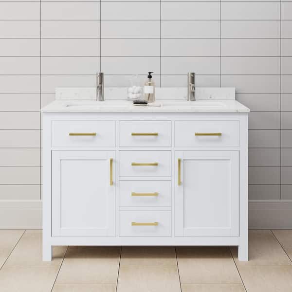Wyndham Collection Beckett 48 in. W x 22 in. D x 35 in. H Double Sink Bathroom Vanity in White with Carrara Cultured Marble Top