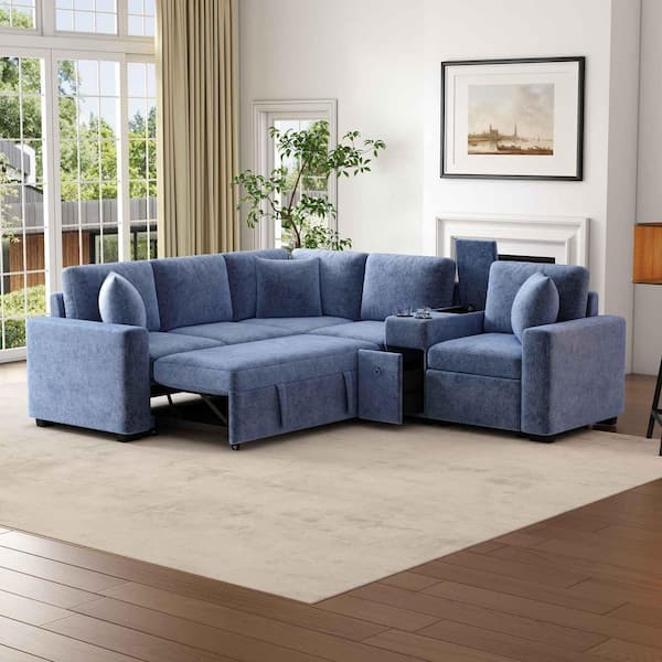 120.5 in. Square Arm Chenille Sectional Sofa with Pull-Out Bed, Cup Holders, and Ample Storage Space in Blue