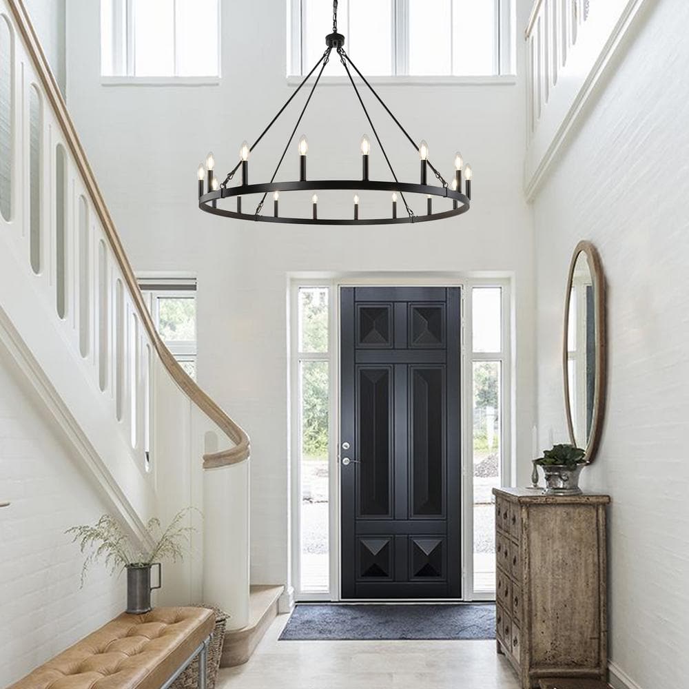 Large Black Metal Wagon Wheel Candle Chandelier