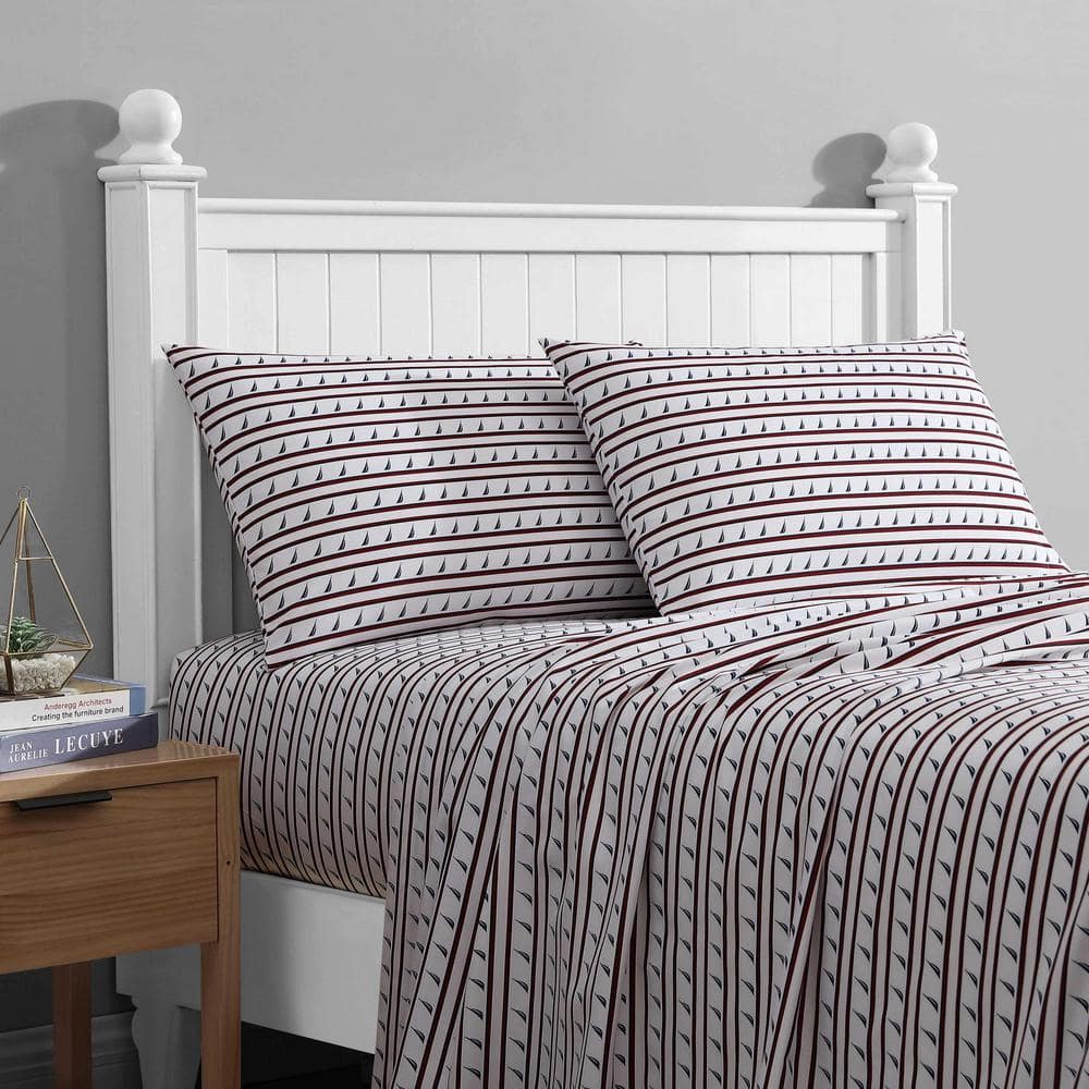 Full White and Red Striped Polyester Microfiber Bedding Set