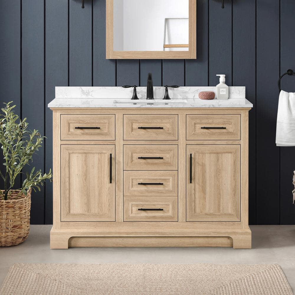 Home Decorators Collection Doveton 48 in. W x 19 in. D x 34.5 in. H Single Sink Bath Vanity in Weathered Tan with White Engineered Stone Top