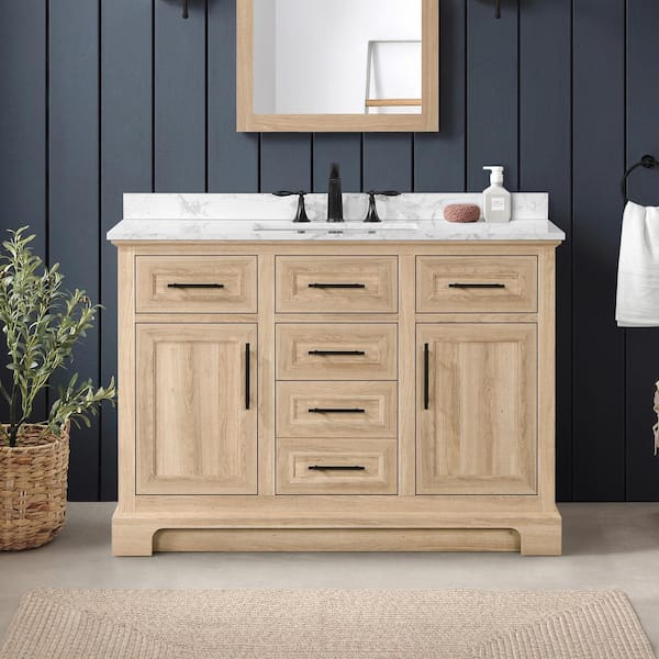 Home Decorators Collection Doveton 48 in. Single Sink Freestanding Weathered Tan Bath Vanity with White Engineered Marble Top (Fully Assembled)